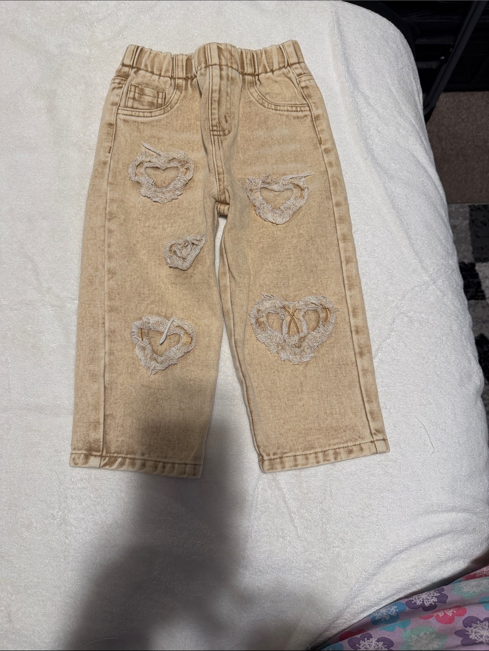Kids Tan Distressed Heart Patch Denim Pants